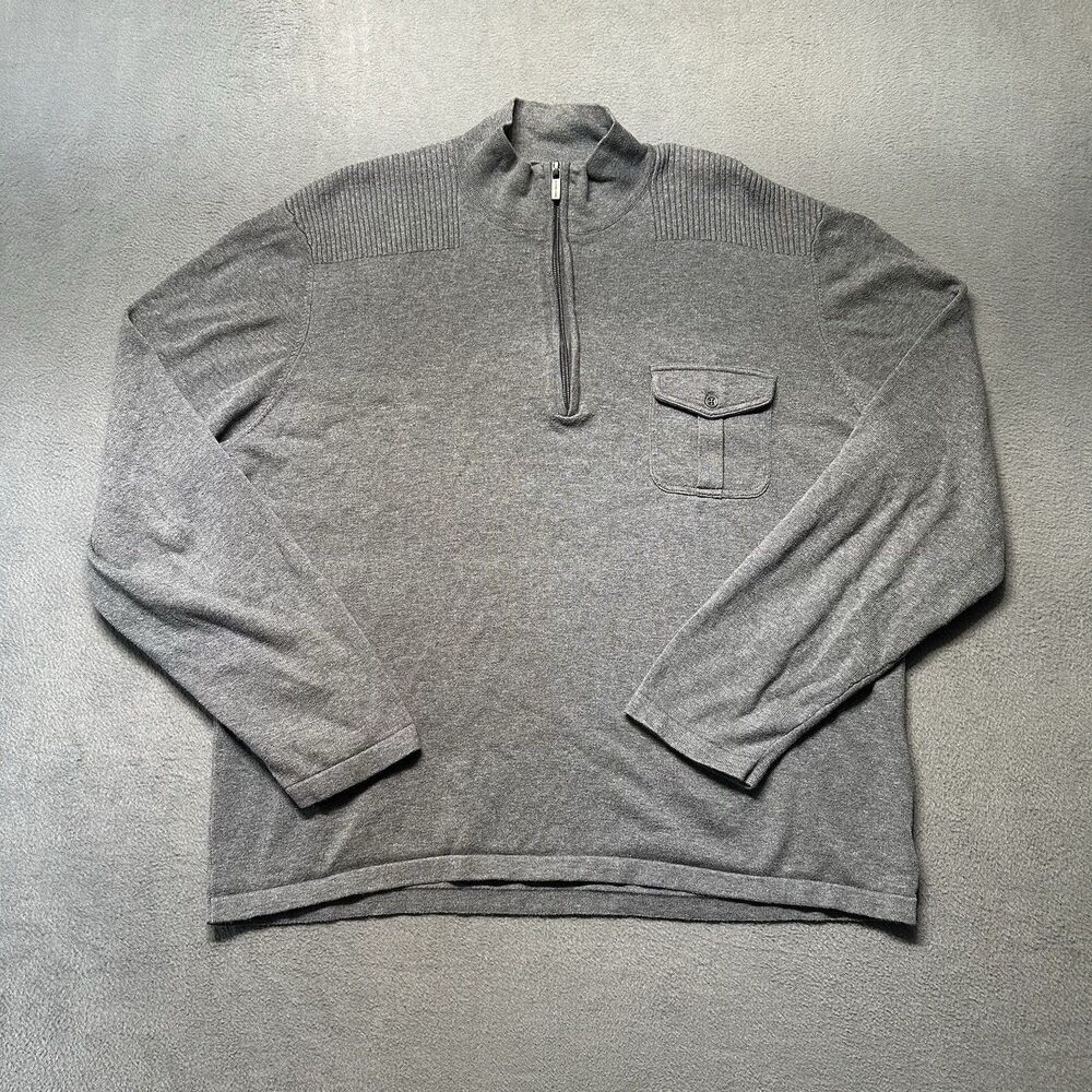 Michael Kors Mens XL Quarter Zip Sweater Gray Cotton Pocket Casual EUC